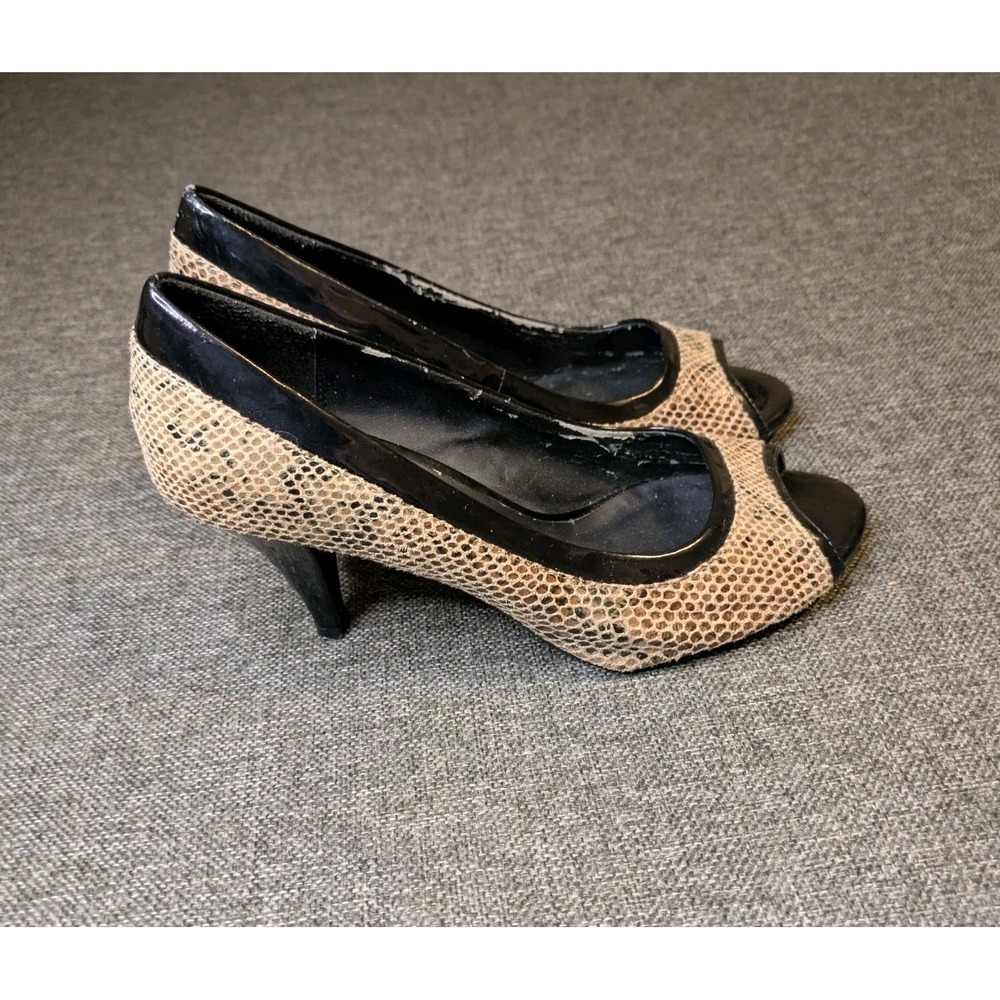 DRESSBARN Shoes Snake Design Heels Open Toe Brown Slip On Sz 8.5 Women's
